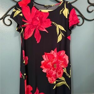 Tiana B. Navy Midi Dress with Pink Floral Print